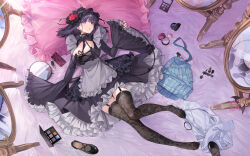 1girl :o absurdres apron bed_sheet between_breasts black_choker black_dress black_garter_straps black_hair black_hairband black_necktie black_thighhighs blush breasts cellphone chain chain_leash choker cleavage cleavage_cutout clothing_cutout cosmetics cosplay dress fingernails floral_print flower frilled_hairband frilled_sleeves frills garter_straps grey_apron hair_flower hair_ornament hairband highres kitagawa_marin knees_together_feet_apart kuroe_shizuku kuroe_shizuku_(cosplay) large_breasts leash lipstick looking_at_viewer lying makeup mirror nail_polish necktie necktie_between_breasts nianbingzi on_back phone pillow purple_eyes shirt shoes skirt solo sono_bisque_doll_wa_koi_wo_suru thighhighs toes unworn_shirt unworn_shoes unworn_skirt wide_sleeves zettai_ryouiki