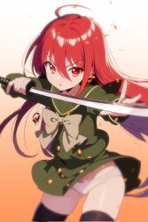 1girl ahoge alastor_(shakugan_no_shana) black_thighhighs bow bowtie commentary_request cowboy_shot gradient_background green_sailor_collar green_serafuku green_shirt green_skirt grey_bow grey_bowtie hair_between_eyes highres jewelry loli long_hair looking_at_viewer misaki_high_school_uniform necklace orange_background panties pendant red_eyes red_hair sailor_collar sailor_shirt school_uniform serafuku shakugan_no_shana shana shirt skirt solo sword thighhighs umeyanenne underwear weapon white_panties winter_uniform