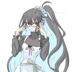 Rule 34 | 1girl, adjusting eyewear, black-framed eyewear, black hair, blue hair, colored inner hair, dress, fate/grand order, fate (series), grey eyes, high ponytail, highres, himo, looking at viewer, multicolored hair, ponytail, ribbon, smile, solo, tenochtitlan (fate), two-tone hair, wavy hair, white background, white dress