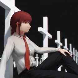 1girl absurdres belt black_background black_belt black_pants blurry blurry_background braid braided_ponytail breasts chainsaw_man cigarette collared_shirt commentary english_commentary highres holding holding_cigarette knee_up long_hair looking_to_the_side makima_(chainsaw_man) necktie numanoan pants parted_lips red_eyes red_hair red_necktie shirt sidelocks simple_background sitting small_breasts solo tombstone white_shirt