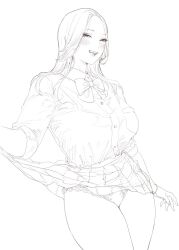Rule 34 | 1girl, :d, blush, bow, bowtie, breast pocket, breasts, clothes lift, collared shirt, commentary, dress shirt, fang, goshiki suzu, greyscale, half-closed eyes, highres, konishiya shiyori (goshiki suzu), lace, lace-trimmed panties, lace trim, large breasts, lifting own clothes, lineart, lingerie, long hair, looking at viewer, miniskirt, monochrome, open mouth, original, panties, parted hair, pleated skirt, pocket, school uniform, shirt, shirt tucked in, skirt, skirt lift, smile, solo, standing, underwear