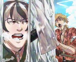 1boy 1girl artist_name axe blonde_hair hanekawa_tsubasa hatahata_(okkrslk) meme monogatari_(series) multicolored_hair oshino_meme scared signature the_shining twitter_username two-tone_hair