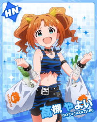 10s 1girl :d aqua_eyes armlet bag bandages bare_shoulders belt bracelet card_(medium) character_name choker fake_horns female_focus horns idolmaster idolmaster_(classic) idolmaster_million_live! jewelry looking_at_viewer million_live_card navel official_art oni_horns open_mouth orange_hair plastic_bag radish setsubun shopping_bag smile solo spring_onion takatsuki_yayoi twintails