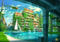 abandoned animal bird blue_sky boat broken_window building cloud crosswalk day flood highres lifebuoy no_humans original outdoors overgrown post-apocalypse ruins sailboat scenery shallow_water sign sky swim_ring tokyogenso traffic_light water watercraft window