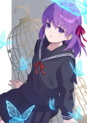 1girl birdcage black_serafuku black_skirt blue_butterfly bug butterfly cage expressionless fate/stay_night fate_(series) hair_ribbon insect looking_at_viewer matou_sakura medium_hair open_mouth pleated_skirt purple_hair red_ribbon ribbon school_uniform serafuku sitting skirt solo suzusaki02
