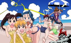 &gt;:) 1boy 5girls angry anime_coloring bag bare_arms bare_legs bare_pectorals bare_shoulders barefoot beach beach_umbrella belt bikini bikini_skirt black-framed_eyewear blonde_hair blue_bikini blue_eyes blue_hair blue_sky blue_swim_trunks blush breasts brown_eyes brown_hair bubble center_opening cleavage clenched_hand clenched_teeth cloud collarbone crab dark_blue_hair drawstring drawstring_bag dress fingernails full-face_blush glasses green_bikini half_updo hand_on_another&#039;s_head happy high_ponytail hug_from_side imaishi_hiroyuki knees_together_feet_apart large_pectorals leaning_forward legs_apart legs_together lens_flare light_brown_hair lightning_bolt_symbol long_hair mahoromatic male_swimwear medium_breasts mouth_hold multiple_girls navel non-web_source ocean official_art one-piece_swimsuit open_hand orange-tinted_eyewear pectorals ponytail purple_one-piece_swimsuit rock sand short_hair shouting sitting sky small_breasts squid standing steaming_body strapless strapless_dress sun sunglasses swim_trunks swimsuit tan teeth tinted_eyewear toes tongue twintails two-tone_umbrella umbrella upper_teeth_only v v-shaped_eyebrows yellow_bag yellow_belt yellow_dress