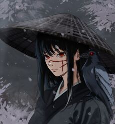 1girl absurdres alternate_costume animal animal_on_shoulder bird bird_on_shoulder black_hair black_kimono chainsaw_man crow hat highres japanese_clothes kimono long_hair looking_at_viewer mothdropcrowla red_eyes rice_hat ringed_eyes snowing solo yoru_(chainsaw_man)