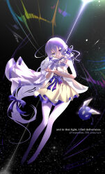 1girl absurdres arcaea bare_shoulders bow braid charon_(arcaea) collar dress english_text full_body hair_between_eyes hair_ornament highres jacket lagrange_(arcaea) long_hair monocle pantyhose purple_bow purple_eyes purple_hair purple_pantyhose sidelocks single_braid solo star_(sky) trypan_blue twintails white_jacket yellow_dress