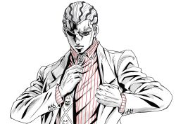Rule 34 | 1boy, adjusting clothes, adjusting necktie, cheekbones, collared shirt, commentary request, diamond wa kudakenai, formal clothes, highres, ishimoto shun&#039;ichi, jacket, jojo no kimyou na bouken, kawajiri kosaku, kira yoshikage, long sleeves, looking at viewer, male focus, monochrome, multicolored hair, necktie, official style, partially shaded face, pinstripe pattern, pinstripe shirt, shirt, short hair, solo, spot color, suit, two-tone hair, upper body, white background