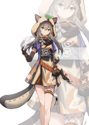1girl absurdres alternate_costume animal_ears arm_guards belt_pouch black_gloves black_scarf brown_hair commentary_request cosplay fake_animal_ears fake_tail fingerless_gloves genshin_impact gloves green_eyes hair_between_eyes hair_ornament hairclip highres honkai:_star_rail honkai_(series) japanese_clothes long_hair looking_at_viewer ninja obi pouch qingque_(honkai:_star_rail) qixia raccoon_ears raccoon_hood raccoon_tail sash sayu_(genshin_impact) sayu_(genshin_impact)_(cosplay) scarf short_sleeves shuriken sidelocks simple_background solo tail weapon zoom_layer