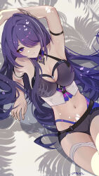 1girl absurdres acheron_(honkai:_star_rail) ai_dongdong alternate_costume biki breasts cleavage closed_mouth hair_over_one_eye highres honkai:_star_rail honkai_(series) long_hair looking_at_viewer navel outdoors purple_hair solo stomach