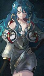 1girl :d bare_shoulders blue_hair cowboy_shot dress green_eyes hand_on_own_hip highres hissabeth jacket long_hair open_mouth pencil_dress red_pupils reverse:1999 short_dress silver_dress sleeveless sleeveless_dress slit_pupils smile snake snake_on_head solo spaghetti_strap star_(sky) starry_sky_background utagawa_niki white_jacket