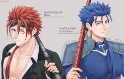 Rule 34 | 2boys, black jacket, blue bodysuit, blue hair, bodysuit, character name, closed mouth, copyright name, crossover, cu chulainn (fate), cu chulainn (fate/stay night), earrings, fate/stay night, fate (series), final fantasy, final fantasy vii, gae bolg (fate), goggles, goggles on head, green eyes, grey background, hair over shoulder, hairstyle connection, holding, holding polearm, holding weapon, jacket, jewelry, long hair, looking at viewer, low ponytail, male focus, messy hair, multiple boys, open clothes, open jacket, polearm, ponytail, red eyes, red hair, reno (ff7), ruuto (ruto3), simple background, smile, upper body, weapon