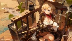 1girl absurdres akizero1510 blonde_hair blue_eyes breasts bubba_(watson_amelia) bullet bullet_hole cactus cleavage cowboy_hat gun hat highres holding holding_gun holding_weapon hololive hololive_english large_breasts looking_at_viewer mole neckerchief official_art red_neckerchief rifle shell_casing sheriff_badge virtual_youtuber wanted_poster watson_amelia weapon