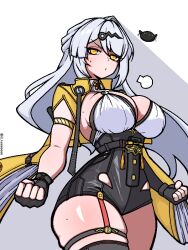 1girl armlet black_gloves black_shorts black_sleeves breasts cleavage clenched_hands commentary_request cowboy_shot elbow_gloves fingerless_gloves gloves hair_between_eyes hair_ornament hairclip high-waist_shorts jacket jewelry ji_heeeeeee large_breasts looking_at_viewer shorts single_elbow_glove single_hair_intake single_thighhigh solo thighhighs white_background white_hair yellow_eyes yellow_jacket yixuan_(zenless_zone_zero) zenless_zone_zero