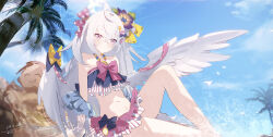 Rule 34 | 1girl, absurdres, ahoge, azusa (blue archive), azusa (swimsuit) (blue archive), bare shoulders, bead necklace, beads, bikini, black bikini, blue archive, blush, bow, closed mouth, commentary, crossed bangs, doodle sensei (blue archive), english commentary, feathered wings, flower, hair between eyes, hair bow, hair flower, hair ornament, hayate (1034853996), highres, jewelry, long hair, looking at viewer, navel, necklace, official alternate costume, outdoors, pink bikini, pink bow, polka dot, polka dot bow, purple eyes, purple flower, revision, sensei (blue archive), solo, stomach, swimsuit, white hair, wings