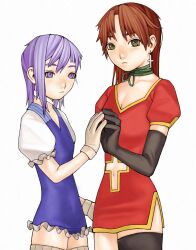 2girls brown_hair choker clothing_cutout cross cross_earrings dress earrings elbow_gloves expressionless flat_chest frilled_leotard frills gloves grey_eyes highres jewelry kennomou kiddy_grade leotard long_hair looking_at_viewer medium_hair multiple_girls navel_cutout purple_eyes purple_hair ribbon_choker short_dress simple_background white_background