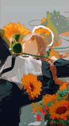 Rule 34 | 1girl, absurdres, antique phone, artist name, berry (pokemon), black coat, black necktie, black pants, blunt bangs, blurry, blurry foreground, braid, braided ponytail, breasts, chainsaw man, chinese commentary, coat, collared shirt, corded phone, demon girl, flower, formal clothes, from below, green background, grin, halo, high-waist pants, highres, holding, holding phone, long coat, long hair, long sidelocks, long sleeves, looking at viewer, looking down, lying, makima (chainsaw man), mature female, medium breasts, necktie, nose, office lady, on back, orange flower, pale skin, pants, phone, red hair, redum4, ringed eyes, rotary phone, shirt, shirt tucked in, sidelocks, single braid, smile, solo, sunflower, teeth, upper body, watermark, weibo username, weibo watermark, white halo, white shirt, yellow eyes