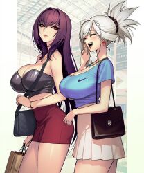 2girls :d absurdres bag bare_shoulders blue_shirt bracelet breasts closed_eyes closed_mouth crop_top dynamitenatalia fate/grand_order fate_(series) from_side handbag highres holding holding_bag jewelry large_breasts lips miniskirt miyamoto_musashi_(fate) multiple_girls necklace open_mouth purple_hair red_eyes red_skirt scathach_(fate) shirt shopping skirt smile strapless tube_top white_hair white_skirt