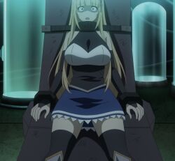 1girl anime_screenshot blonde_hair breasts chair christiana_leta_roseblaire constricted_pupils detached_sleeves green_eyes hair_ribbon highres large_breasts long_hair ore_wa_seikan_kokka_no_akutoku_ryoushu! restrained ribbon scared stitched thighs third-party_edit wide-eyed