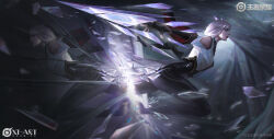 1girl absurdres armor artist_name black_boots black_eyes black_gloves black_pants boots bracer breaking cave character_request chinese_commentary commentary_request copyright_request exia_guang expressionless faulds fingerless_gloves full_body glass_shards gloves high-waist_pants highres lipstick long_hair makeup pants parted_lips pink_hair realistic red_lips running shirt sleeveless sleeveless_shirt solo watermark white_sleeves