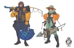 2boys artist_request backpack bag boots braid brown_eyes brown_hair dredge fisherman fishing_rod full_body gloves hat highres holding holding_weapon hook humanization multiple_boys pants serious smile weapon white_background