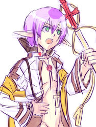 1boy arch_bishop_(ragnarok_online) brown_coat coat commentary_request cropped_jacket crosier cross green_eyes hair_between_eyes holding holding_staff jacket long_sleeves looking_afar male_focus navel open_mouth pointy_ears purple_hair ragnarok_online short_hair simple_background solo staff upper_body white_background white_jacket yukimushi
