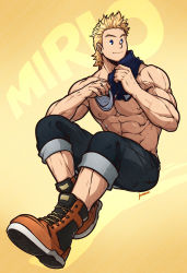 1boy abs absurdres text_background bara blonde_hair blue_eyes boku_no_hero_academia boots character_name full_body highres kuroshinki looking_at_viewer male_focus mature_male multiple_scars nipples obliques pants pants_rolled_up quiff scar short_hair sitting solo togata_mirio topless_male twitter_username veins watermark