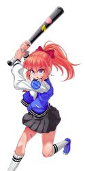 1girl baseball_bat black_skirt blue_eyes blue_jacket blue_shoes blunt_bangs bow breasts commentary earrings english_commentary foot_out_of_frame hair_bow highres holding holding_baseball_bat jacket jewelry kneehighs kunio-kun_series kyoko_(kunio-kun) laz_gm letterman_jacket long_hair long_sleeves looking_at_viewer medium_breasts orange_hair parted_lips pleated_skirt red_bow river_city_girls school_uniform shirt shoes simple_background skirt socks solo white_background white_shirt white_sleeves white_socks