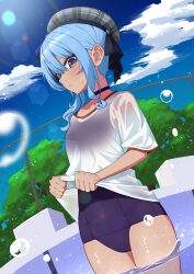 1girl absurdres beret blue_choker blue_eyes blue_one-piece_swimsuit blush choker collarbone cowboy_shot day dutch_angle eyelashes flat_chest grey_hat hair_between_eyes hat hat_ribbon highres holding hololive hoshimachi_suisei lens_flare long_hair looking_at_viewer lunch_boxer one-piece_swimsuit one-piece_tan outdoors ribbon school_swimsuit shirt short_sleeves side_ponytail sidelocks solo star_(symbol) star_in_eye swimsuit swimsuit_under_clothes symbol_in_eye tan tanline thighs virtual_youtuber wading white_shirt