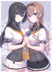 2girls akizuki_(kancolle) alternate_hairstyle black_hair black_headband black_sailor_collar braid breast_press breasts brown_hair clothes_writing corset grey_eyes hachimaki hair_ornament hairband headband highres incest kabocha_torute kantai_collection large_breasts light_brown_hair long_hair looking_at_viewer multiple_girls neckerchief orange_neckerchief sailor_collar school_uniform siblings sisters skirt symmetrical_docking teruzuki_(kancolle) white_skirt yellow_neckerchief yuri