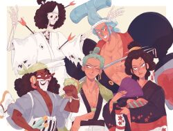 Rule 34 | 1girl, 4boys, afro, arrow (projectile), beard, black hair, blue hair, bracelet, brook (one piece), chonmage, commentary, curly hair, earrings, english commentary, facial hair, franky (one piece), geisha, green hair, hand fan, haramaki, highres, holding, holding fan, japanese clothes, jewelry, kimono, long nose, multiple boys, nico robin, nico robin (wano), nihongami, obi, one eye closed, one piece, peqchesss, roronoa zoro, sash, scar, scar across eye, scar on face, sideburns, skeleton, stitched torso, stitches, straw hat pirates, topknot, usopp, wide sleeves