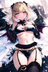 1girl absurdres alternate_costume bare_shoulders bed_sheet black_bra black_gloves black_panties black_thighhighs blonde_hair bra breasts cleavage closed_mouth curtains detached_collar earrings elbow_gloves fingerless_gloves garter_belt gloves gluteal_fold green_eyes halterneck hand_on_own_chest hands_up highres jewelry kurumi_noah lace lace-trimmed_bra lace-trimmed_panties lace-trimmed_thighhighs lace_trim large_breasts lingerie looking_at_viewer lying mini_wings multi-strapped_panties navel on_back on_bed panties pillow ring short_hair side-tie_panties skindentation smile solo steam stomach string_bra string_panties sugiki sweat thighhighs thighs two_side_up underwear underwear_only veil virtual_youtuber vspo! wings