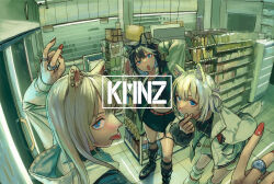 3girls animal_ear_piercing animal_ears arm_behind_back arm_behind_head bent_v black_hair black_shirt black_skirt blue_eyes blue_hair boots closed_mouth colored_inner_hair commentary_request convenience_store cropped_shirt dog_ears dog_girl dog_tail double_v finger_heart fishnet_socks fishnet_thighhighs fishnets group_name hand_on_own_head hands_up highres hood hood_down indoors jacket jewelry ken_sogen kmnz knee_boots kneehighs leaning_forward leg_warmers letterman_jacket lita_(kmnz) long_hair long_sleeves looking_at_viewer looking_back midriff miniskirt multicolored_hair multiple_girls multiple_rings necklace nero_(kmnz) one_side_up open_clothes open_jacket open_mouth profile red_nails ring shelf shirt shop short_hair skirt socks streaked_hair tail thighhighs tina_(kmnz) tongue tongue_out uneven_eyes v virtual_youtuber white_hair white_jacket