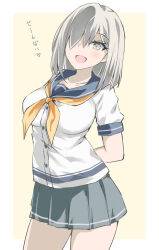 1girl blue_eyes blush breasts gakky gloves grey_hair grey_sailor_collar grey_skirt hair_ornament hair_over_one_eye hairclip hamakaze_(kancolle) highres kantai_collection large_breasts looking_at_viewer neckerchief no_legwear open_mouth sailor_collar school_uniform serafuku short_hair skirt solo white_background white_gloves yellow_background yellow_neckerchief