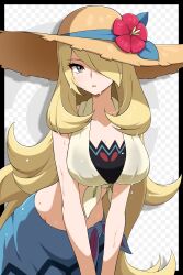 Rule 34 | 1girl, absurdres, bikini, bikini under clothes, blonde hair, blue sarong, breasts, brown hat, crop top, cynthia (pokemon), cynthia (summer 2025) (pokemon), flower, flower hat, grey eyes, hair over one eye, hat, hat flower, highres, large breasts, long hair, navel, nintendo, official alternate costume, pokemon, pokemon masters ex, sarong, shabana may, shirt, solo, straw hat, sun hat, sweat, sweatdrop, swimsuit, tied shirt, very long hair, very sweaty, wet