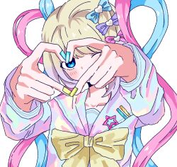 1girl aegyo_sal blonde_hair blue_eyes blue_hair blue_serafuku bow chest_bow chouzetsusaikawa_tenshi-chan colored_tips hair_bow hair_ornament hairclip heart heart_hands highres holographic_clothing itomakirichan multicolored_hair multicolored_nails multiple_hair_bows needy_girl_overdose one_eye_closed pink_hair quad_tails reaching reaching_towards_viewer school_uniform serafuku solo star_(symbol) upper_body