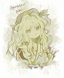 1girl beret commentary_request cropped_torso gohei hat holding holding_gohei hourai_girl_(touhou) japanese_clothes kimono long_hair looking_at_viewer monochrome papipu_pipi portrait_of_exotic_girls smile solo touhou upper_body very_long_hair