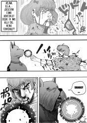 1girl 2boys absurdres animal_collar araki_hirohiko_(style) battle_damage blood blood_on_face bow broken_eyewear collar dodododo dog facial_hair glass glasses greyscale hair_bow highres injury jeremaiden jojo_no_kimyou_na_bouken jojolion monochrome multiple_boys scooby-doo scooby-doo_(character) shaggy_rogers spanish_commentary spanish_text speech_bubble sweater translated turtleneck turtleneck_sweater velma_(2023) velma_dinkley