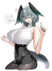 ! !! ... 1girl alternate_costume aqua_eyes aqua_nails arknights armpit_crease bare_arms bare_shoulders black_pantyhose black_skirt black_wings breasts chalk commentary_request covered_navel cowboy_shot fingernails grey_hair hand_up head_wings high-waist_skirt highres ho&#039;olheyak_(arknights) holding holding_chalk horn/wood huge_breasts latex_skirt nail_polish open_mouth pantyhose ribbed_shirt sharp_fingernails shirt short_hair simple_background skirt sleeveless sleeveless_turtleneck smile snake_tail solo spoken_ellipsis tail turtleneck white_background white_shirt wings
