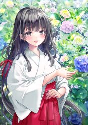 1girl :d arukapismillust black_eyes black_hair commentary_request cowboy_shot flower hair_ribbon hakama hakama_skirt hydrangea japanese_clothes kimono long_hair long_sleeves looking_at_viewer miko open_mouth original pink_flower purple_flower red_ribbon red_skirt ribbon signature skirt smile solo teeth upper_teeth_only very_long_hair white_kimono wide_sleeves