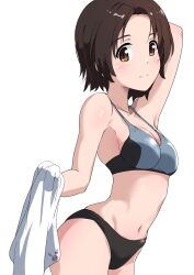 bikini black_hair breasts brown_eyes buchikaki cleavage cowboy_shot girls_und_panzer highres looking_at_viewer medium_breasts mismatched_bikini navel parted_bangs sawa_azusa short_hair simple_background smile sports_bikini swimsuit towel white_background