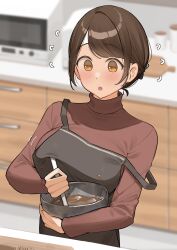 1girl :o absurdres apron black_apron bowl brown_eyes brown_hair brown_sweater chocolate chocolate_making commentary_request headband highres holding holding_bowl indoors kitchen long_sleeves microwave mixing_bowl ol_mahonanoka original solo standing sweater tongue white_headband