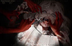 1girl absurdres bilingual_commentary black_background blood blood_on_face character_request chinese_commentary commentary_request copyright_request crying crying_with_eyes_open dark eyelashes fangs highres holding_another&#039;s_wrists holding_tool lace lace-trimmed_shirt lace_trim lips long_hair mixed-language_commentary open_mouth pale_skin red_lips russian_commentary shirt solo_focus tears upper_body watermark wavy_hair weibo_watermark white_eyes white_hair white_shirt yesheng_xijiang