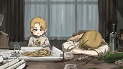 2girls aged_down alcohol bird blonde_hair blue_eyes bottle chair chicken commentary diva_(hyxpk) eating english_commentary food glass grey_shirt highres little_nuns_(diva) long_hair mole mole_on_cheek multiple_girls photo_(object) pizza pizza_cutter shirt short_hair sitting sleeping strict_nun&#039;s_mother_(diva) strict_nun_(diva) table water