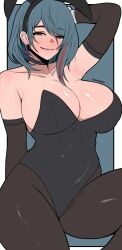 absurdres arm_behind_back arm_behind_head artist_name black_choker black_gloves breasts choker cowboy_shot dead_or_alive dead_or_alive_xtreme dead_or_alive_xtreme_venus_vacation edmun6969 elbow_gloves facebook gloves green_hair grin heart heart-shaped_pupils highres large_breasts leotard mole mole_under_eye multicolored_hair pantyhose playboy_bunny rabbit_ears red_streaks simple_background smile streaked_hair symbol-shaped_pupils tagme tamaki_(doa) unfinished