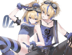 1boy 1girl blonde_hair blue_eyes kagamine_rin_(burning_stone) chain chain_necklace crop_top gloves goggles goggles_on_head hair_ornament hairclip highres hynn0x_x jewelry kagamine_len kagamine_rin kagamine_len_(lightning_stone) necklace project_diva_(series) silver_chain tank_top vocaloid