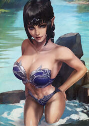 1girl abs absurdres baldur&#039;s_gate baldur&#039;s_gate_3 bare_shoulders bikini black_hair blue_bikini braid braided_ponytail breasts cleavage commentary dungeons_&amp;_dragons dungeons_&amp;_dragons english_commentary grey_eyes hand_on_own_hip highres large_breasts looking_at_viewer monori_rogue pointy_ears scar scar_on_face shadowheart_(baldur&#039;s_gate) smile solo swimsuit toned toned_female water