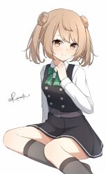 1girl aticsanir black_socks bow bowtie brown_eyes brown_hair double_bun dress green_bow green_bowtie hair_bun highres kantai_collection long_sleeves michishio_(kancolle) michishio_kai_ni_(kancolle) pinafore_dress school_uniform shirt short_hair short_twintails sitting sleeveless sleeveless_dress smile socks twintails twitter_username white_background white_shirt