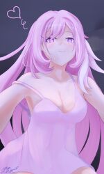 1girl absurdres alternate_costume artist_name bare_shoulders breasts cleavage diamond-shaped_pupils diamond_(shape) dress elf elysia_(herrscher_of_human:_ego)_(honkai_impact) elysia_(honkai_impact) heart highres honkai_(series) honkai_impact_3rd large_breasts long_hair pink_hair pointy_ears purple_eyes solo symbol-shaped_pupils thor_gdgd very_long_hair white_dress